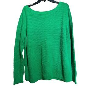 Lands' End Sweater Womens 2X 20W 22W Green Waffle Knit Pullover Sweatshirt
